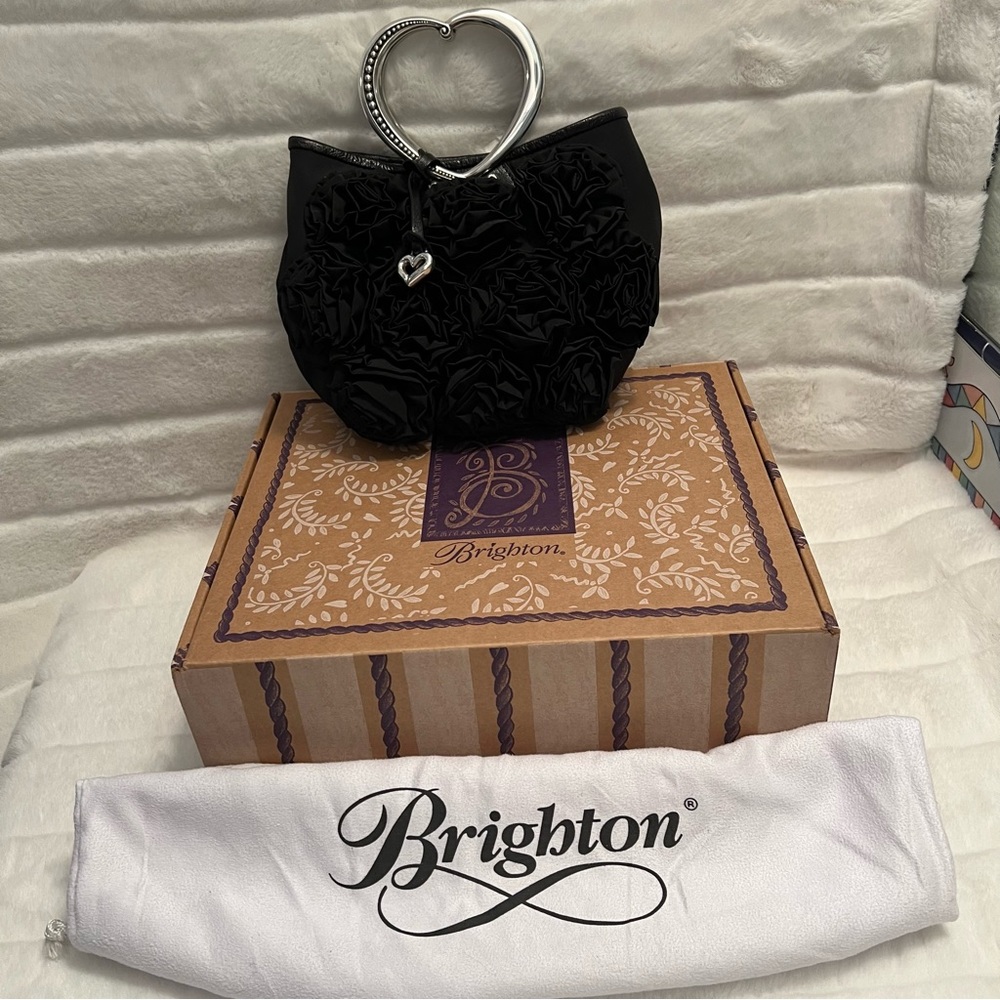 NWT Brighton “Kimbell” Satin & Leather Trim Bag w Rosettes & Heart Metal Handles - Picture 14 of 16